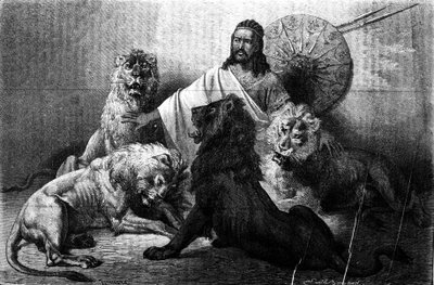 O Imperador (ras) Theodoros da Abissínia rodeado pelos seus leões. gravura da metade do século XIX. Ilustração de Emile Bayard. de Emile Antoine Bayard