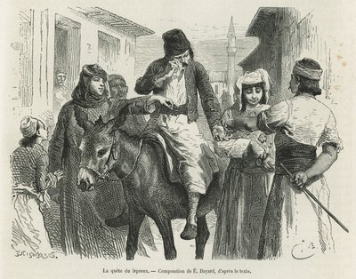 A Leproux Quest em Chio, desenho de Emile Bayard, para ilustrar a história "A ilha de Chio" (Turquia Oriental), em 1877, do Dr. A.Testevuide. Gravura em Le tour du monde de Emile Antoine Bayard
