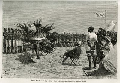 O Sova Mavanda (rei), rodeado por seus homens que salvamodificam uma canção monótona, dançando em frente ao major. Gravado por Emile Bayard, para ilustrar a história de como atravessei a África, do Oceano Atlântico ao Índico, pelo Major Serpa Pinto, de Emile Antoine Bayard