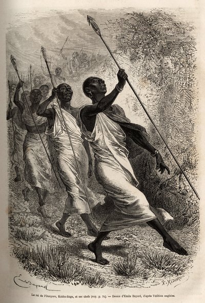 A chegada de Kabba Rega, rei do Ounyoro (Sudão oriental) e dos chefes da sua corte, ao acampamento de Sir Baker para uma visita oficial, gravada após um desenho de Emile Bayard, ilustrando uma expedição na África Central, para a supressão do de Emile Antoine Bayard
