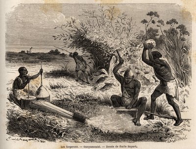 Os ferreiros, na região dos Grandes Lagos, África, desenho de Emile Bayard (1837-1891), ilustrando a viagem de descoberta em África, de 1860 a 1863 do Capitão Speke. Gravura em "Le tour du monde", editado por Edouard Charton de Emile Antoine Bayard