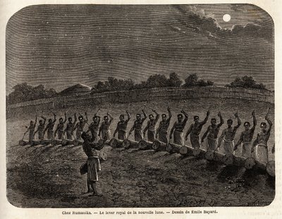 A cerimónia dos tambores para a ascensão da lua nova, à cabeça da tribo Rumanika, em Karague (a oeste do Lago Vitória, no Zimbabué actual), desenho de Emile Bayard (1837-1891), ilustrando a viagem de descoberta do Capitão Speke em África a partir de 186 de Emile Antoine Bayard