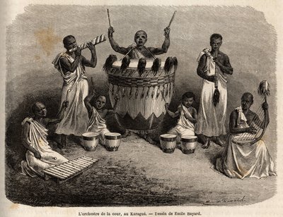 A orquestra da corte, no Karague (a oeste do Lago Vitória, actual Zimbabwe), desenho de Emile Bayard (1837-1891), ilustrando a viagem de descoberta do Capitão Speke em África de 1860 a 1863. Gravura em "Le tour du monde", editado por Edouard Char de Emile Antoine Bayard