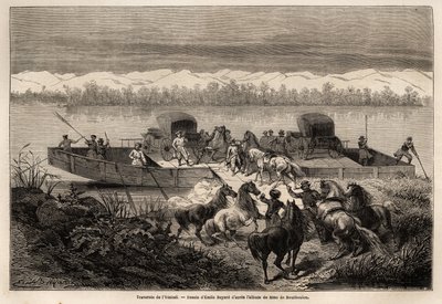 A travessia do rio Yenissei (Rússia), desenhada por Emile Bayard (1837-1891) para ilustrar a viagem de Xangai a Moscou, de 1859 a 1862, de M. de Bourboulon, ministro da França à China. Gravura em "Le tour du monde", editado por Edouard C de Emile Antoine Bayard