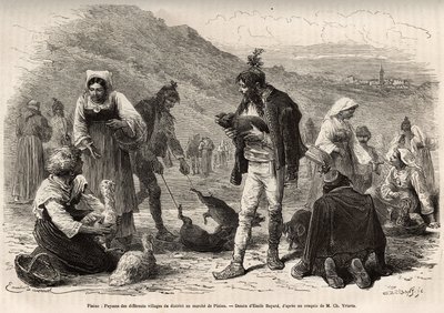 Os camponeses das proximidades de Pisino (Croácia), reúnem-se para a venda dos seus produtos agrícolas no mercado: aves, leitões..., gravados após um desenho de Emile Bayard ilustrando a viagem à Ístria e Dalmácia, em 1874, por Charles Yriarte, publicam de Emile Antoine Bayard