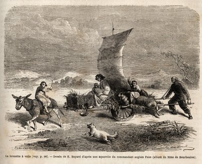 O carrinho de mão de vela, sistema de locomoção usado no norte da China, desenho de E.Bayard, ilustrando a viagem de Xangai a Moscou de Emile Antoine Bayard