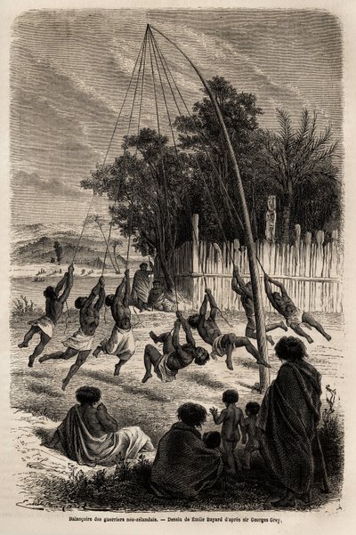 O balanço dos guerreiros Neo-Zelandeses no Istmo de Auckland, desenho de Emile Bayard (1837-1891), para ilustrar a viagem de Ferdinand de Hochstetter à Nova Zelândia de 1858 a 1860. Gravura em "Le tour du monde", editado por Edouard Charton de Emile Antoine Bayard