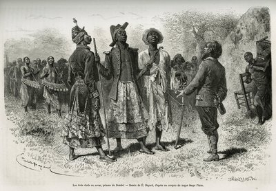 Os três maestros (ou sovas), príncipes de Dombe (Angola), e o seu conjunto de músicos e cortesão, vêm ao encontro do explorador S.Pinto. Gravado por Emile Bayard, para ilustrar a história de como atravessei a África, desde o Oceano Atlântico até ao Índico. de Emile Antoine Bayard