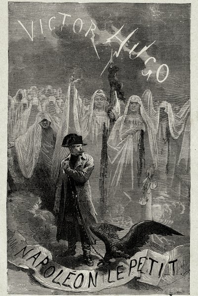 Página de título do livro de Victor Hugo "Napoleão o Pequeno" (Napoleão 3 segurando uma corrente de águia). Gravado por Emile Bayard. de Emile Antoine Bayard