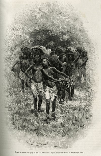 Tropa de moças carregando cestos cheios de comida para o abastecimento de S.Pinto e seus homens. Gravado por Emile Bayard, para ilustrar a história de como atravessei a África, do Oceano Atlântico ao Índico, pelo Major Serpa Pinto, em 1877-1878, pub de Emile Antoine Bayard