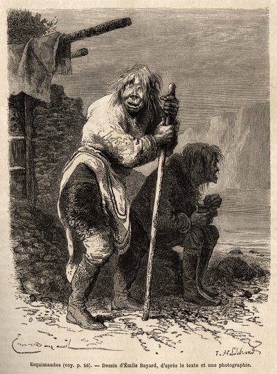 Duas velhas mulheres Eskimal, vestindo o traje das mulheres da Groenlândia, botas de couro até os joelhos, calcinha curta de pele de foca e uma pele em forma de túnica que cai para trás e para a frente, nas proximidades de Lichtenau, gravadas após o desenh de Emile Antoine Bayard