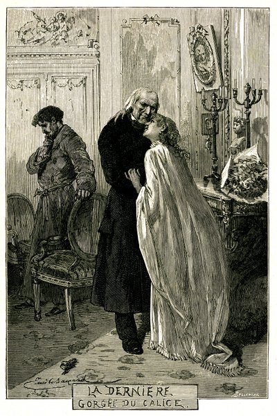 Victor Hugo "The Miserables", "The Last Gorgee of the Chalice". Ilustração de Emile Bayard. O antigo forcat Jean Valjean ficou velho com Cosette e Marius. Gravação da edição Ollendorff 1906. de Emile Antoine Bayard