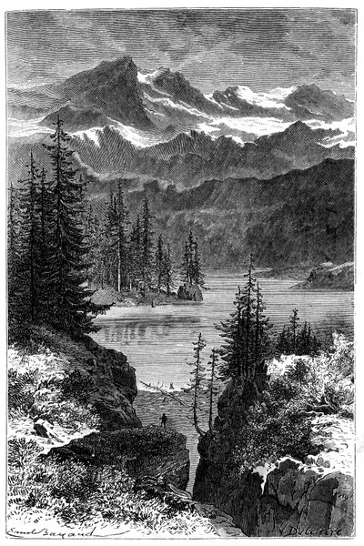Vista dos Alpes: floresta, lago, picos. Ilustração de Emile Bayard para o livro "Les Montagnes d