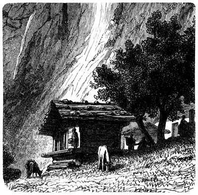 Vista dos Alpes: antigo chalé ao pé de um penhasco com vacas pastando (pasto). Ilustração de Emile Bayard (detalhe) para o livro Les Montagnes d