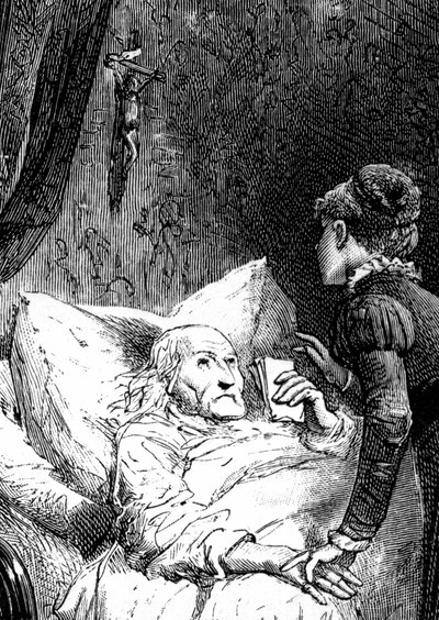 Jovem mulher cuidando de um homem velho morrendo em sua cama, debaixo de um crucifixo pendurado na parede. O homem moribundo segura suas últimas recomendações (testamento) à mão. Detalhe de uma gravura de Emile Bayard ilustrando o livro de Jules Sandeau "M de Emile Antoine Bayard