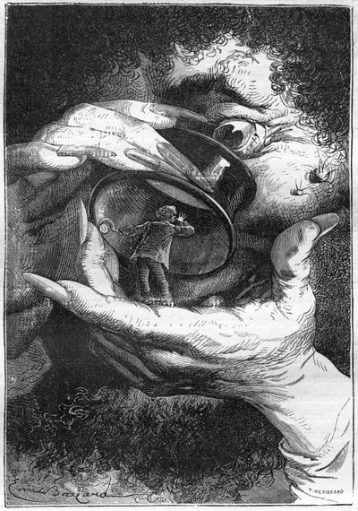 ilustração do romance de Júlio Verne "Around the Moon", desenho de Emile Bayard, edição Hetzel/Voyages extraordinaire 1870. O astronauta Michel Ardan imagina-se a ser observado por um gigante através de uma lupa (referência a Swift