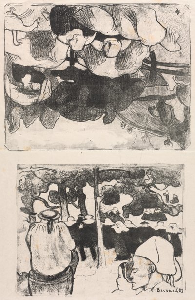 Les Bretonneries: Breton Women Making Haystacks (Bretonnes Faisant les Foins) e Casamento na Bretanha (La Noce en Bretange) de Emile Bernard