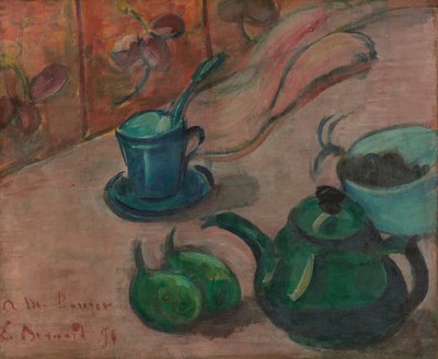 Natureza morta com bule, xícara e frutas de Emile Bernard