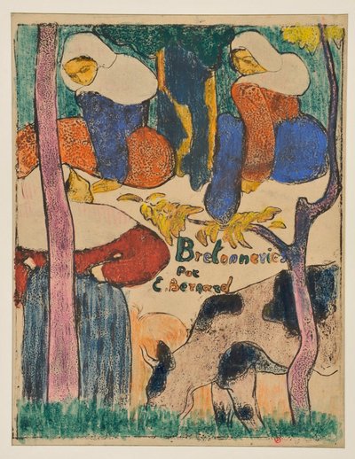 Três mulheres e uma vaca num prado de Emile Bernard