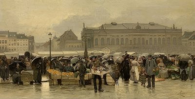 O mercado em frente ao teatro em Antuérpia de Emile Claus