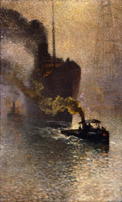 Em reboque no Tamisa no nevoeiro; Acompanhe a Tamise no Brouillard - Rebocado no Tamisa, 1918 de Emile Claus