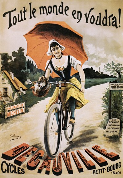 Cartaz vintage de mulher andando de bicicleta segurando guarda-chuva vermelho de Emile Clouet