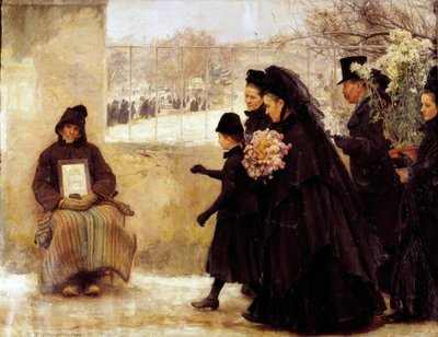 Todos os Santos Uma família de luto que vai ao cemitério dá uma moeda a um velhote que faz alúmen. Pintura de Emile Friant (1863-1932) 1888 Sol. 2,54x3,34 m Nancy, musee des Beaux Arts de Emile Friant