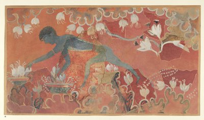 Pintura do Afresco do Açafrão Macaco Azul do Palácio de Minos em Knossos (Evans Fresco Drawing L/3 a)), cerca de 1921 (papel, pigmento) de Emile Gilliéron