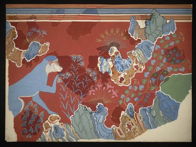 Pintura do Macaco Azul num fresco da Paisagem Rochosa da Casa dos Frescos em Knossos (Evans Fresco Drawing C/6), cerca de 1928 (papel, pigmento) de Emile Gilliéron