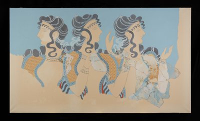 Pintura das Senhoras em Fresco Azul restauradas do Palácio de Minos em Knossos (Evans Fresco Drawing O/7) de Emile Gilliéron
