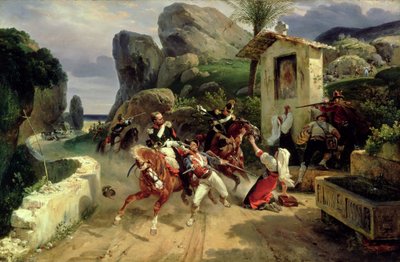 Brigandros italianos surpreendidos pelas tropas papais, 1831 de Emile Jean Horace Vernet