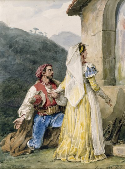 Camponeses italianos antes de um santuário, 1829 (wc no papel aumentado com goma) de Emile Jean Horace Vernet