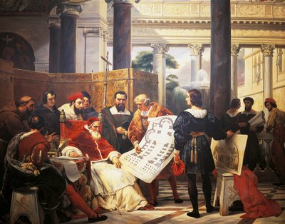Papa Júlio II ordenando a Bramante Miguel Ângelo e Rafael a construir o Vaticano e São Pedro de Emile Jean Horace Vernet