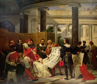 O papa Júlio II ordenou que Bramante, Michelangelo e Rafael construíssem o Vaticano e São Pedro, em 1827 (ver também 157492) de Emile Jean Horace Vernet