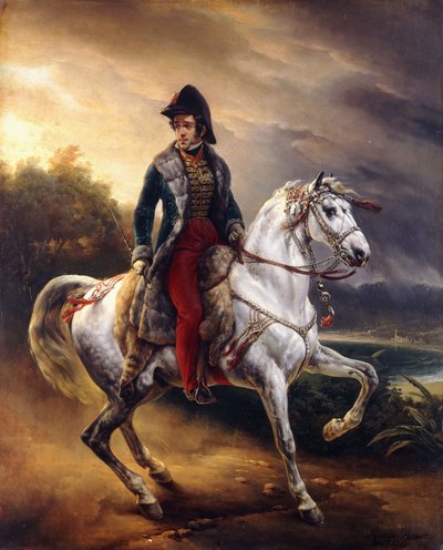 Portrait of Justo Machado y Salcedo, Spanish Consul in Paris on horseback, 1821 de Emile Jean Horace Vernet