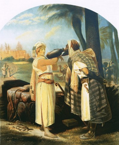Rebeca dá ao servo uma bebida de Emile Jean Horace Vernet