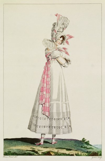 Vestido de verão, fashion plate de &39;Incrível e maravilhoso&39;, gravado por Georges Jacques Gatine (1773-1831), c.1815 de Emile Jean Horace Vernet