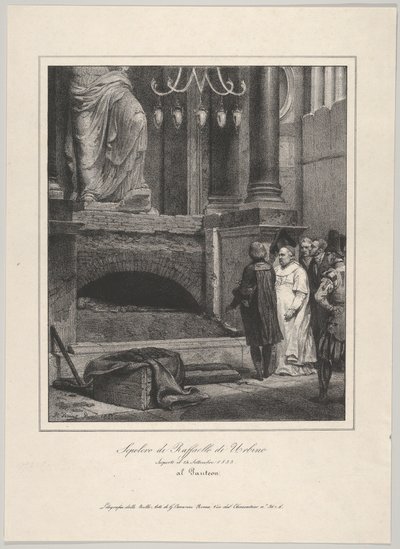 O túmulo de Rafael, aberto em 14 de setembro de 1833, Pantheon, Roma, 1833. de Emile Jean Horace Vernet