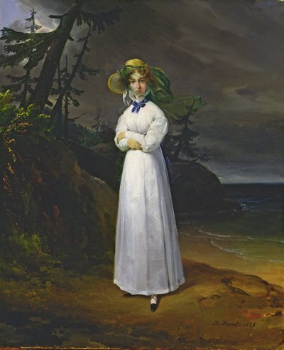 Jovem garota em uma paisagem romântica, 1825 de Emile Jean Horace Vernet