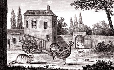 O galo, o gato e o rato, fábula de La Fontaine de Emile Joseph Alexandre Gouget