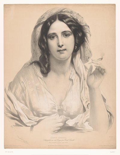 Jovem velada com um cigarro na mão La reine du sérail (título no objeto) Estudos de artistas selecionados (título da série) Etudes choisies (título da série no objeto) de Emile Lassalle