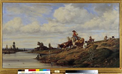 A passagem do Gue Uma vaca passando por um rio com seu rebanho. Pintura de Emile Loubon (1809-1863) Menção obrigatória: Coleção fondation concern de Provence, Marselha de Emile Loubon