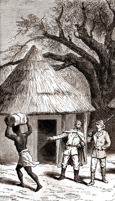 Exploradores e carregadores em frente a uma cabana africana, 1887 (gravura) de Emile Mas