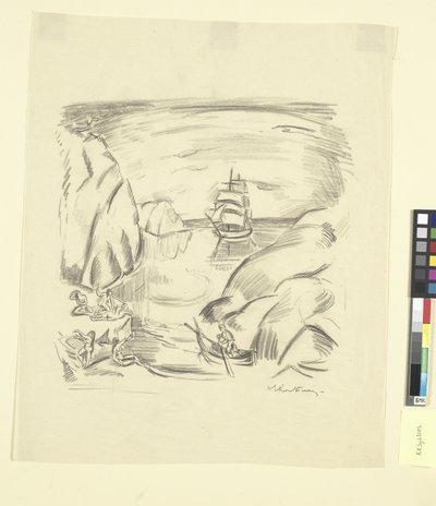 Uma baía marítima com um veleiro e mulheres de banho de Emile Othon Friesz