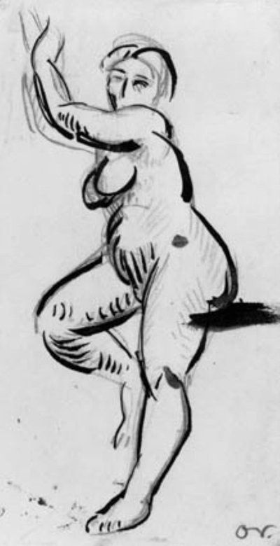 Modelo feminino em pé virado para a esquerda com os braços levantados acima da cabeça. de Emile Othon Friesz