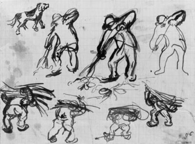 Sete esboços de homens cavando e carregando lenha e um esboço de um cachorro. de Emile Othon Friesz