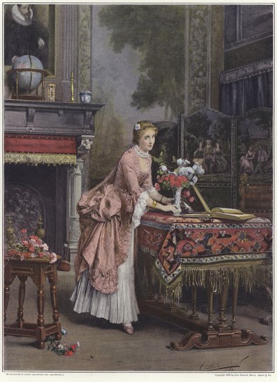 Um, mulher, colocar, um, vaso flores, ligado, um, tabela de Emile Pierre Metzmacher