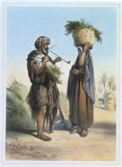 Fellah Man and Woman, ilustração de &39;O Vale do Nilo&39;, gravado por Mouilleron, pub. por Lemercier, 1848 de Emile Prisse d