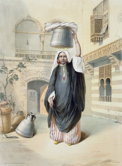 Menina árabe nova que retorna do Hammam no Cairo, ilustração "do vale do Nilo", gravado pelo bar de Emile Desmaisons (1812-80). por Lemercier, 1848 de Emile Prisse d