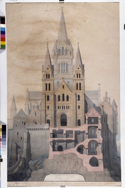 Arquitectura gótica: fachada da igreja e corte de casas de abadia. Desenho do Museu Municipal de Avranches (Manche) de Emile Sagot